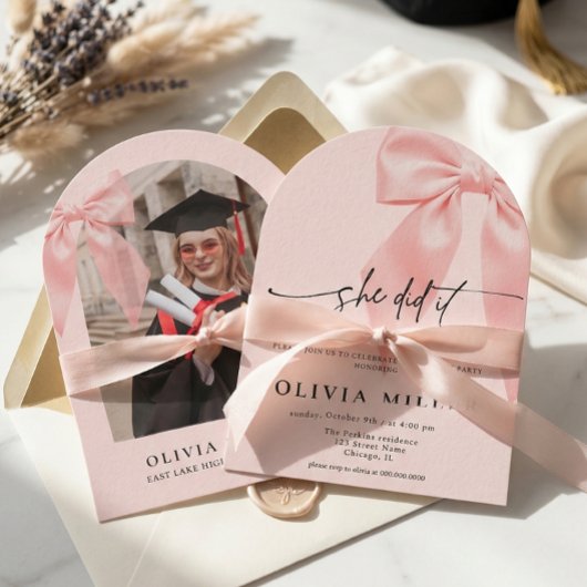 Invitation Pink Bow Coquette Arched Photo Graduation Party