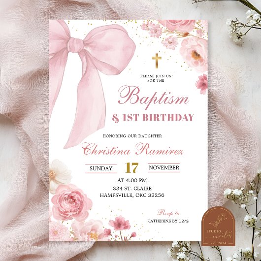 Invitation Pink Bow coquette Baptism & First Birthday 