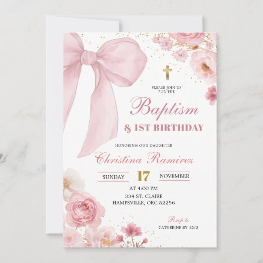 Invitation Pink Bow coquette Baptism & First Birthday (Devant)