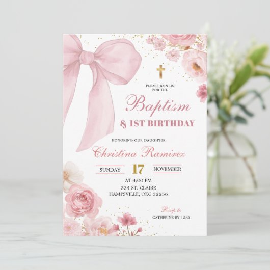 Invitation Pink Bow coquette Baptism & First Birthday (Debout devant)
