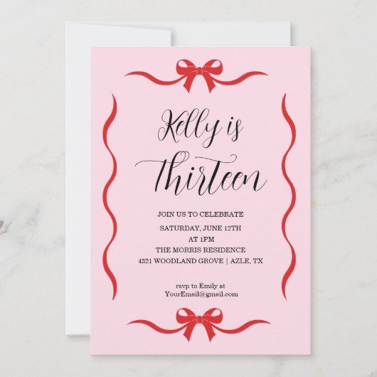 Invitation Pink Bow Coquette Bow Birthday Invitation, 13th (Devant)