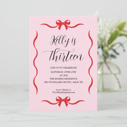 Invitation Pink Bow Coquette Bow Birthday Invitation, 13th (Debout devant)