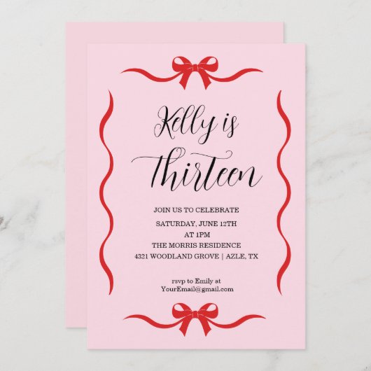 Invitation Pink Bow Coquette Bow Birthday Invitation, 13th (Devant / Derrière)