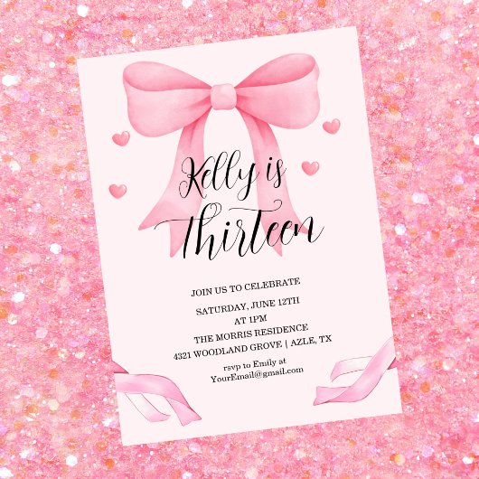 Invitation Pink Bow Coquette Bow Birthday Invitation, 13th
