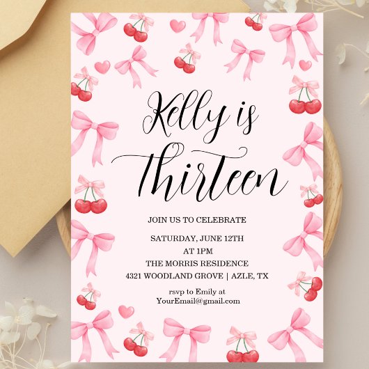 Invitation Pink Bow Coquette Bow Cherry Birthday, 13th