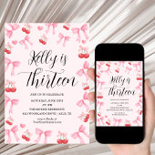 Invitation Pink Bow Coquette Bow Cherry Birthday, 13th