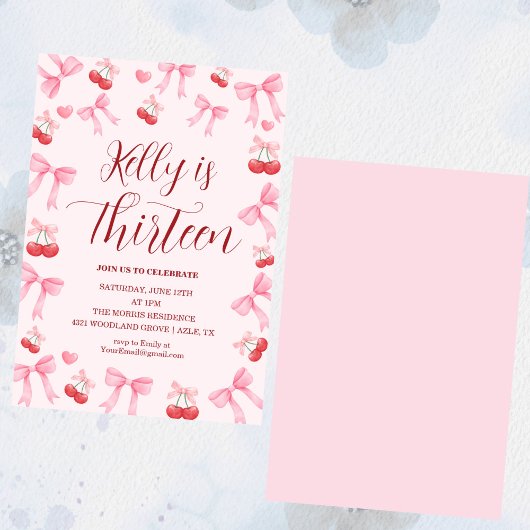 Invitation Pink Bow Coquette Bow Cherry Birthday, 13th