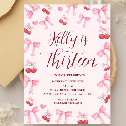 Invitation Pink Bow Coquette Bow Cherry Birthday, 13th