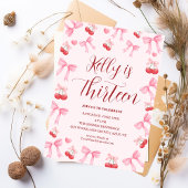 Invitation Pink Bow Coquette Bow Cherry Birthday, 13th