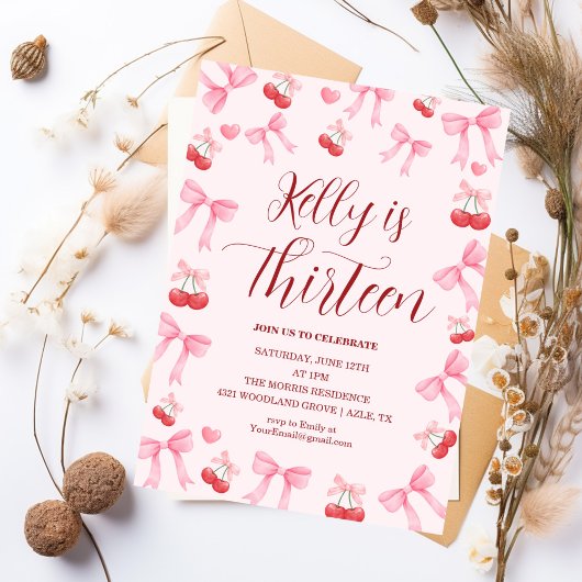 Invitation Pink Bow Coquette Bow Cherry Birthday, 13th
