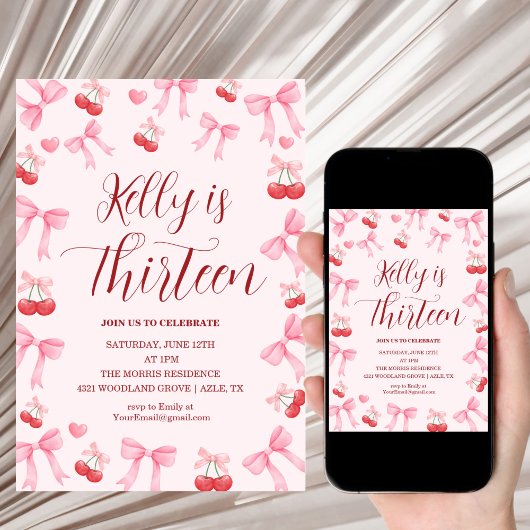 Invitation Pink Bow Coquette Bow Cherry Birthday, 13th