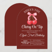 Invitation Pink Bow Coquette Cherry On Top Girl 1st Birthday (Devant / Derrière)