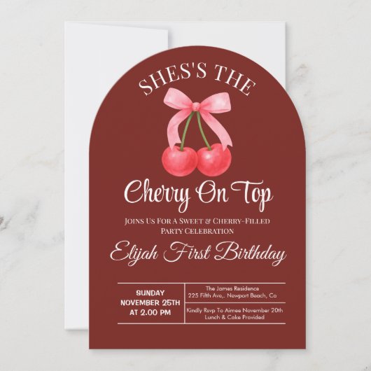 Invitation Pink Bow Coquette Cherry On Top Girl 1st Birthday (Devant)