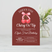 Invitation Pink Bow Coquette Cherry On Top Girl 1st Birthday (Debout devant)