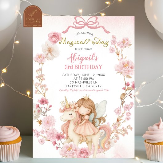 Invitation Pink Bow Coquette Fairies and Unicorns Birthday