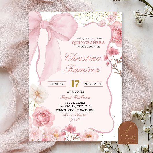 Invitation  Pink Bow Coquette Floral Quinceanera 