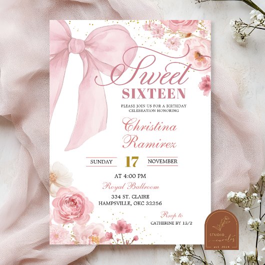 Invitation Pink Bow Coquette floral Sweet Sixteen