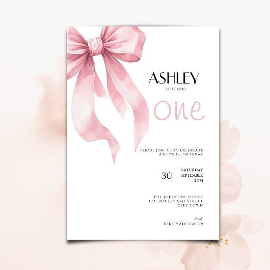 Invitation Pink Bow Coquette for Girls 1st Birthday