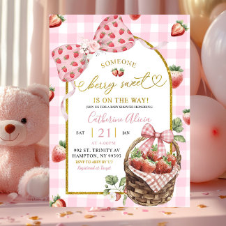 Invitation Pink Bow Coquette Gingham Berry Sweet Baby Shower
