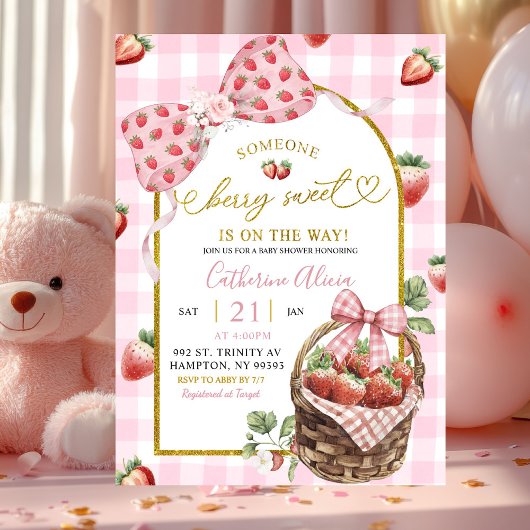 Invitation Pink Bow Coquette Gingham Berry Sweet Baby Shower