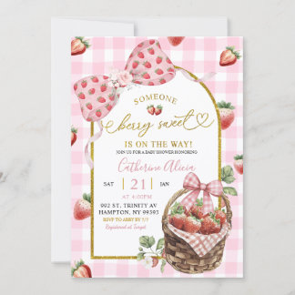 Invitation Pink Bow Coquette Gingham Berry Sweet Baby Shower