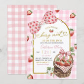 Invitation Pink Bow Coquette Gingham Berry Sweet Baby Shower (Devant / Derrière)