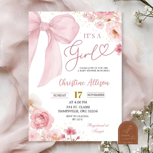 Invitation Pink Bow coquette It's a girl baby shower 