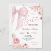 Invitation Pink Bow coquette It's a girl baby shower  (Devant)