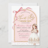 Invitation Pink Bow Coquette Pearl Première sainte communion (Devant)