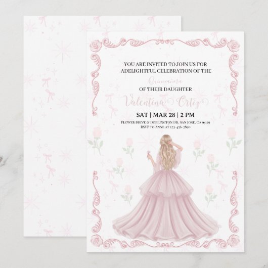 Invitation Pink Bow coquette Princess floral Quinceanera (Devant / Derrière)