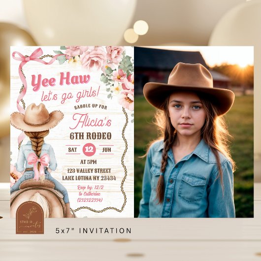 Invitation Pink Bow Coquette Rodeo Birthday with Photo