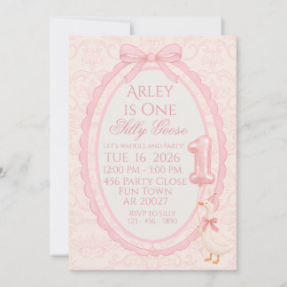 Invitation Pink Bow Coquette Silly Goose 1st Birthday Invitat