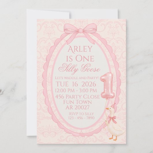 Invitation Pink Bow Coquette Silly Goose 1st Birthday Invitat (Devant)