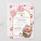Invitation Pink Bow Coquette Strawberry Gingham Bridal Shower (Devant)