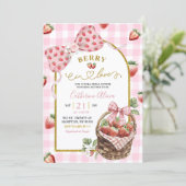 Invitation Pink Bow Coquette Strawberry Gingham Bridal Shower (Debout devant)