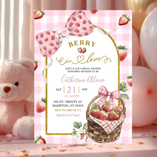 Invitation Pink Bow Coquette Strawberry Gingham Bridal Shower