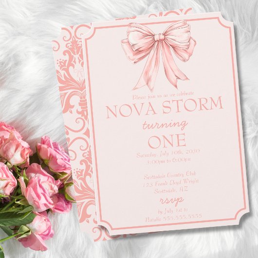 Invitation Pink Bow Coquette Toile Demask Jalon Anniversaire