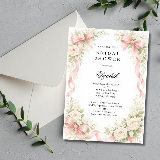 Invitation Pink Bow Coquette White Rose Florals Bridal Shower