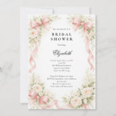 Invitation Pink Bow Coquette White Rose Florals Bridal Shower (Devant)