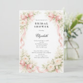Invitation Pink Bow Coquette White Rose Florals Bridal Shower (Debout devant)