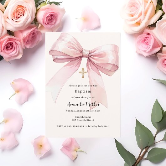 Invitation Pink bow crème fille Baptême