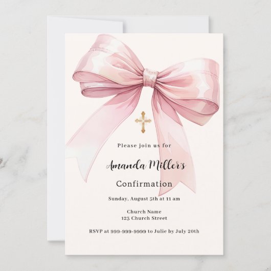 Invitation Pink bow crème fille Confirmation (Devant)