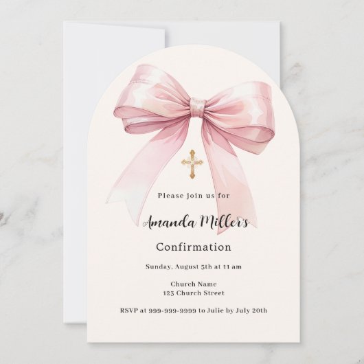 Invitation Pink bow crème fille Confirmation arche (Devant)