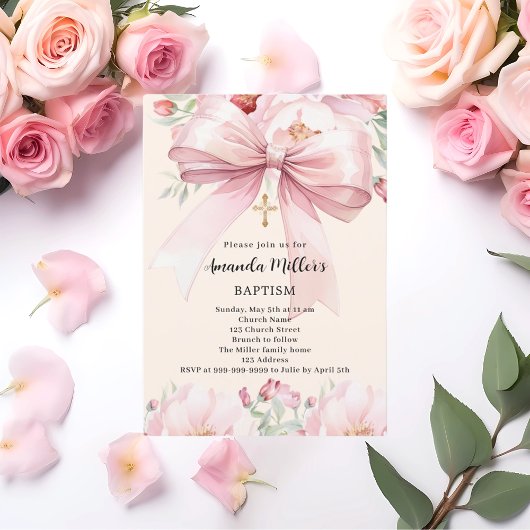 Invitation Pink bow crème florales fille Baptême