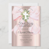 Invitation Pink Bow Cross Leaves First Holy Communion  (Devant)
