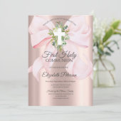 Invitation Pink Bow Cross Leaves First Holy Communion  (Debout devant)