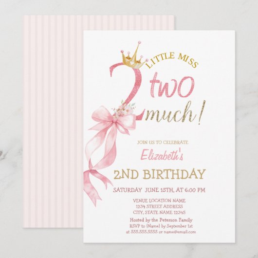 Invitation Pink Bow Crown Flowers Striped 2nd Birthday (Devant / Derrière)