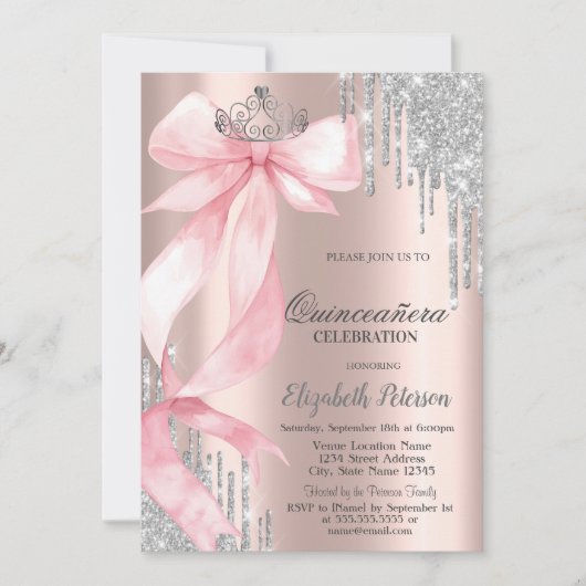 Invitation Pink Bow Crown Glitter Drips Rose Gold Quinceañera (Devant)