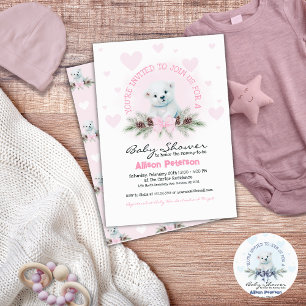 Invitation Pink Bow Cute Bear Cub Winter Girl Baby shower