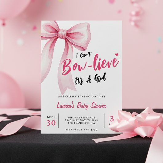 Invitation Pink Bow Cute It's a Girl Baby Shower
